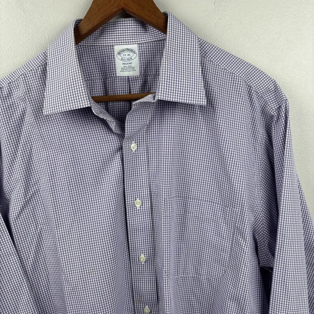 Brooks Brothers USA Men’s 17-35 Shirt Purple Check Dress Cotton Long Sleeve READ